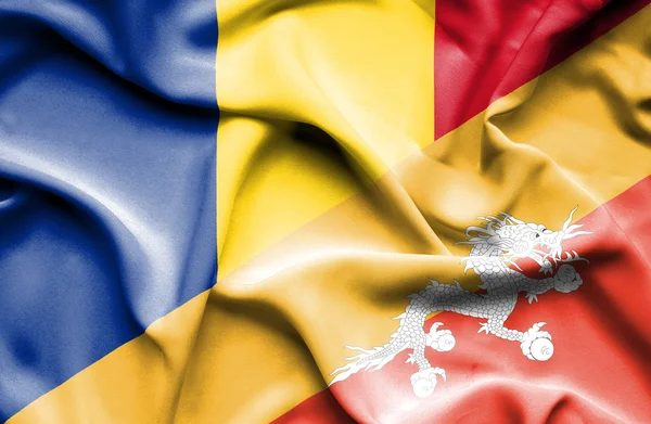 Waving flag of Bhutan and Romania — Stock Photo, Image