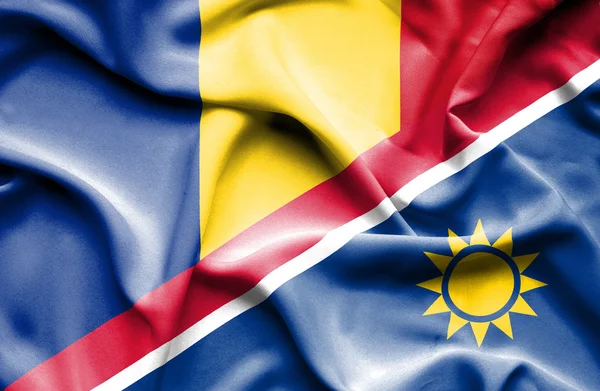 Waving flag of Namibia and Romania — Stock Photo, Image