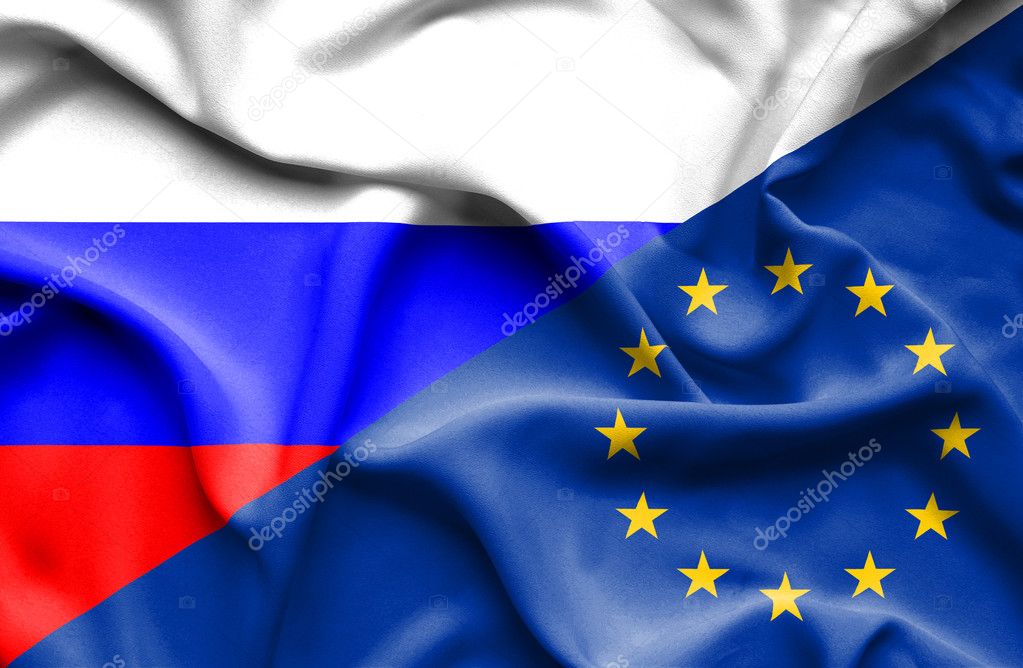 Waving flag of European Union and Russia