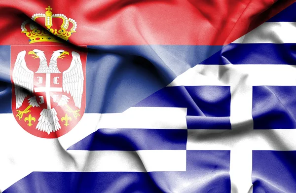 Waving flag of Greece and Serbia — Stock Photo, Image