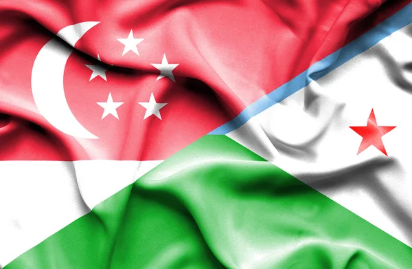 Waving flag of Dijbouti and Singapore — Stock Photo, Image