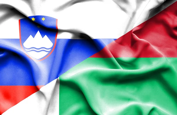 Bandera ondeante de Madagascar y Eslovenia — Foto de Stock