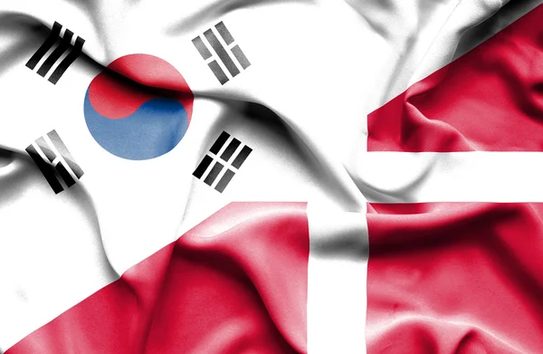 Waving flag of Denmark and South Korea — Stock Photo, Image