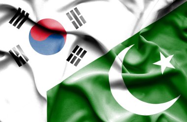 pakistan ve Güney Kore bayrağı sallayarak