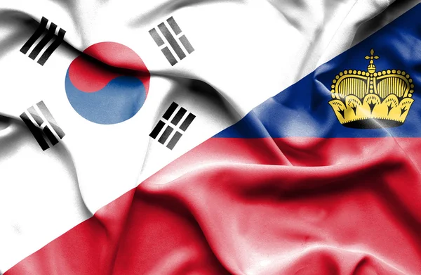 Waving flag of Lichtenstein and South Korea — Stock Photo, Image