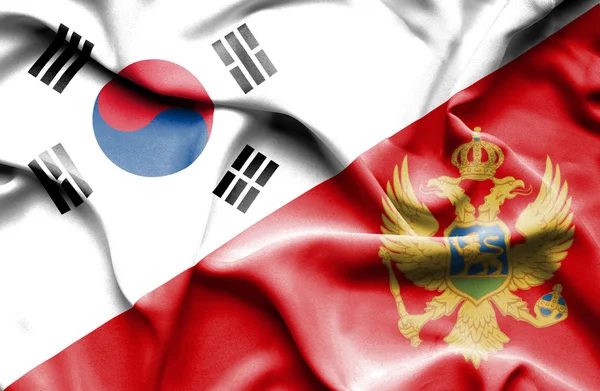 Karadağ ve Güney Kore bayrağı sallayarak — Stok fotoğraf