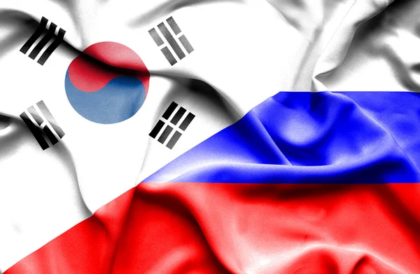 Ondeando la bandera de Rusia y Corea del Sur — Foto de Stock