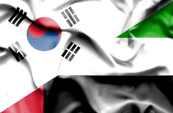 Bandiera sventolante degli Emirati Arabi Uniti e della Corea del Sud — Foto Stock
