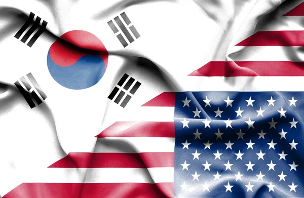 Macha flagą Stanów Zjednoczonych i Korei Południowej — Zdjęcie stockowe
