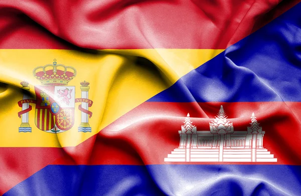 Waving flag of Cambodia and Spain — Stock Photo, Image