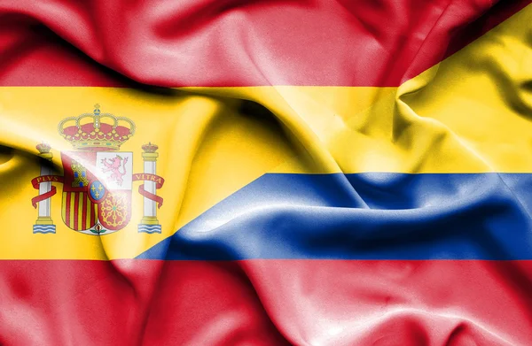 Waving flag of Columbia and Spain — Stock Photo, Image