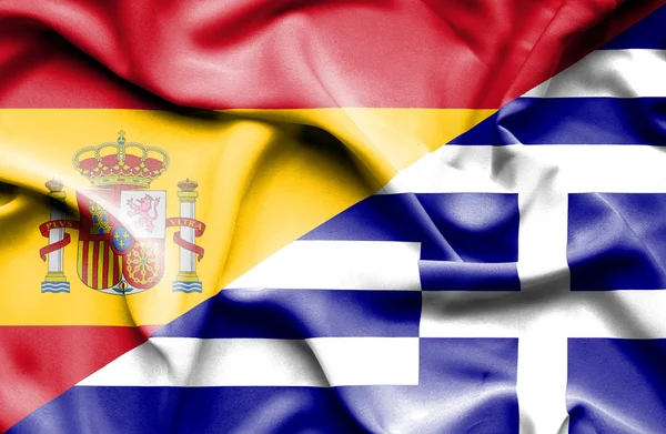 Waving flag of Greece and Spain — Stock Photo, Image