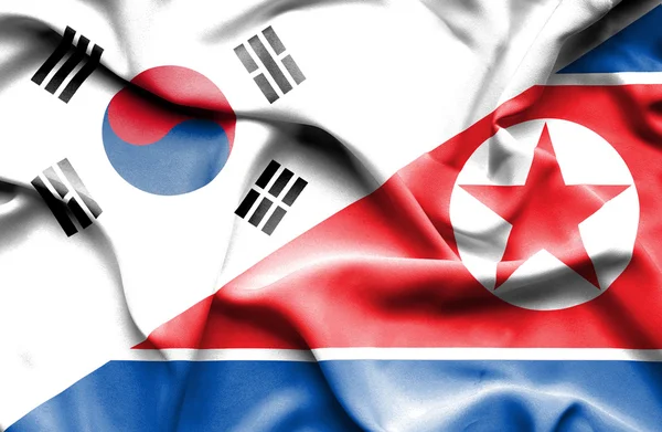 Wapperende vlag van Noord-korea en Zuid-korea — Stockfoto