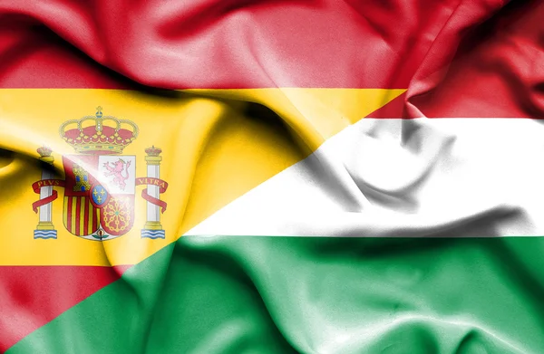 Macha flagą Węgier i Hiszpanii — Zdjęcie stockowe