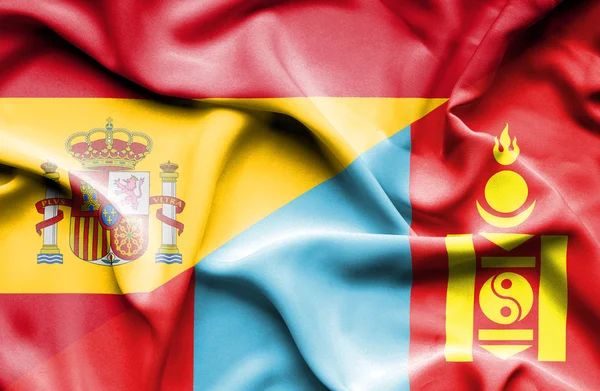 Mávání vlajkou Mongolska a Španělsko — Stock fotografie