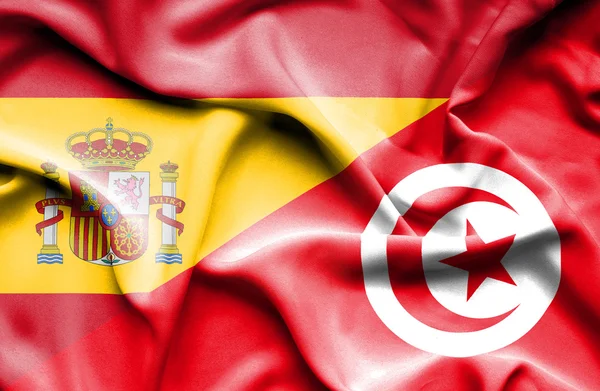 Sventolando bandiera di Tunisia e Spagna — Foto Stock