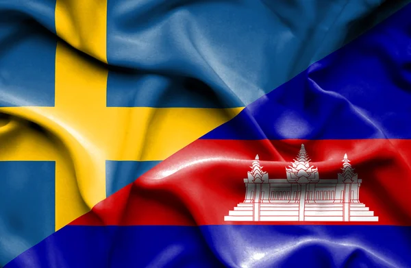 Waving flag of Cambodia and Sweden — Stock Photo, Image