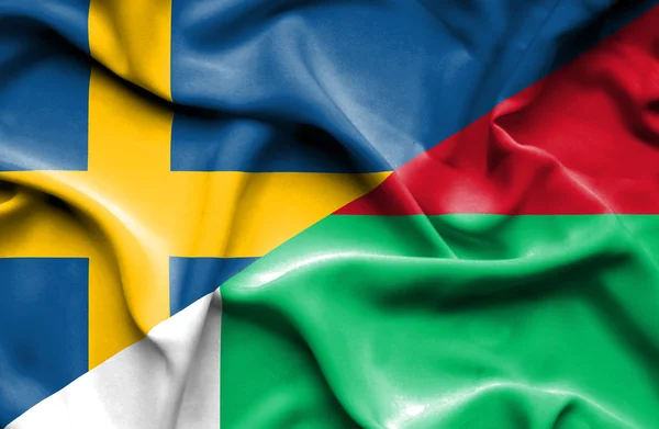Bandiera sventolante di Madagascar e Svezia — Foto Stock