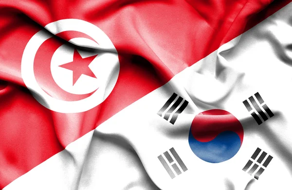 Waving flag of South Korea and Tunisia — Stock Photo, Image