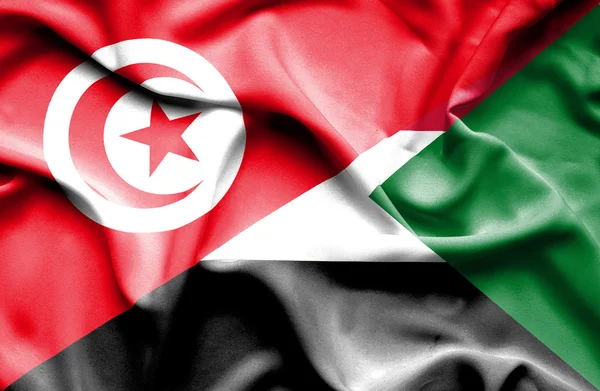 Waving flag of Sudan and Tunisia — Stock Photo, Image