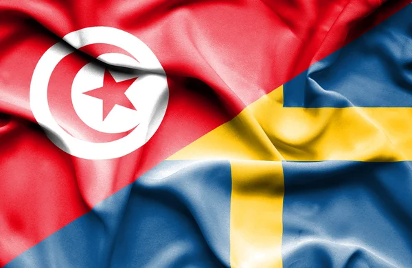 Waving flag of Sweden and Tunisia — Stock Photo, Image