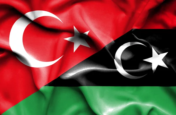 Vlající vlajka Libye a Turecko — Stock fotografie