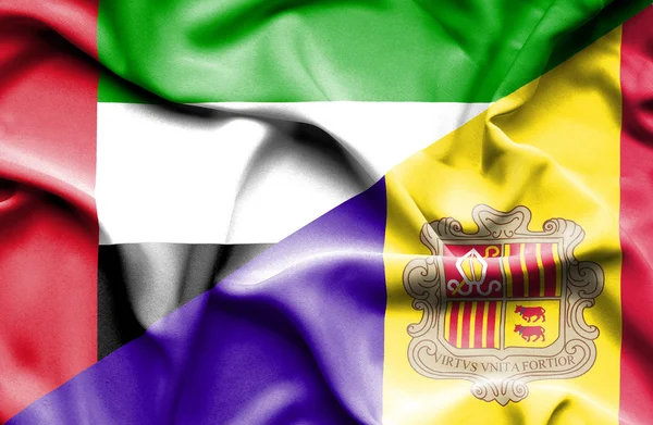 Waving flag of Andorra and  United Arab Emirates — Stock Photo, Image