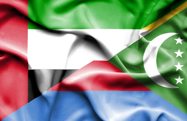 Waving flag of Comoros and United Arab Emirates — Stock Photo, Image