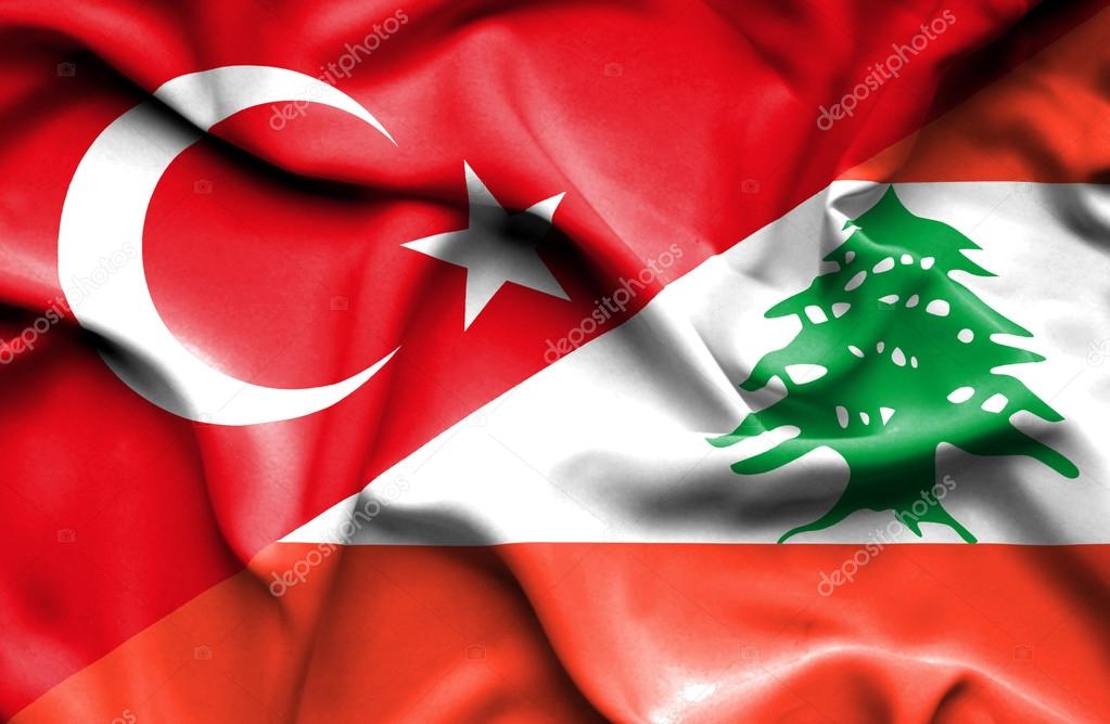 Waving flag of Lebanon and Turkey