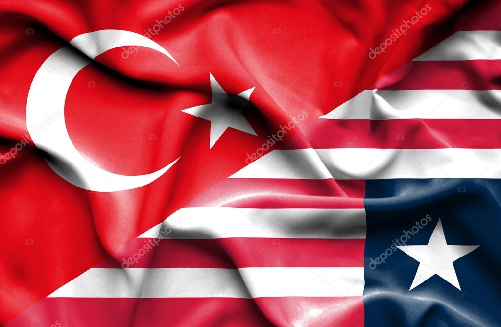 Waving flag of Liberia and Turkey