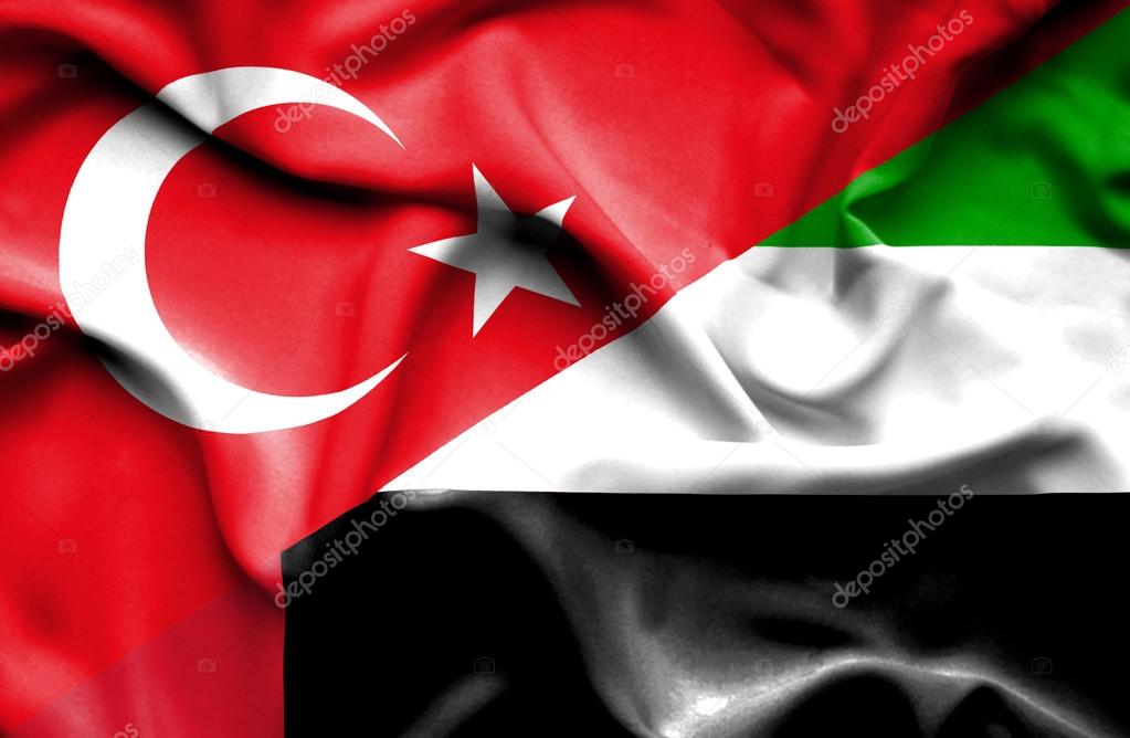 Waving flag of United Arab Emirates and Turkey