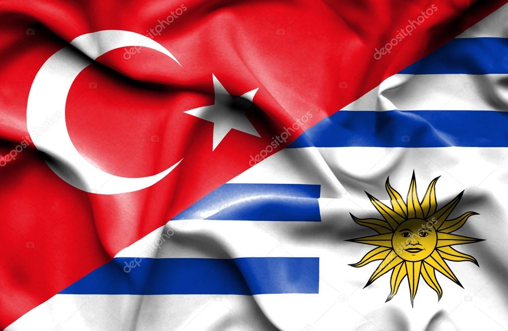 Waving flag of Uruguay and Turkey