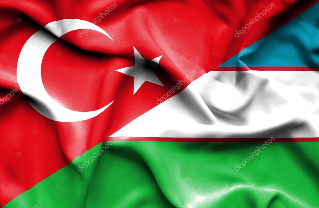 Waving flag of Uzbekistan and Turkey