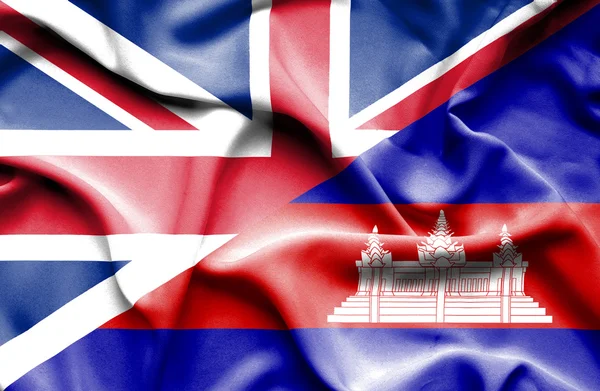 Waving flag of Cambodia and Great Britain — Stock Photo, Image