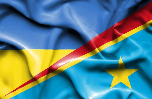 Waving flag of Congo Democratic Republic and Ukraine — ストック写真