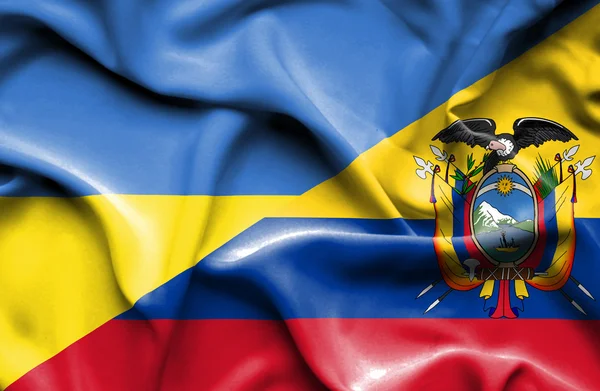Waving flag of Ecuador and Ukraine — Stok fotoğraf