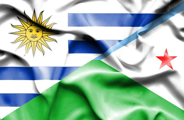 Waving flag of Dijbouti and Uruguay — Stock Photo, Image