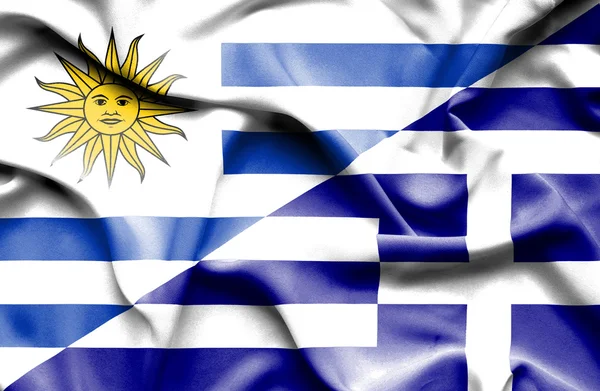 Waving flag of Greece and Uruguay — Stock Photo, Image