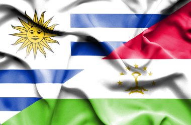 Waving flag of Tajikistan and Uruguay