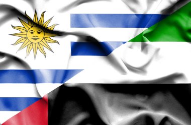 Waving flag of United Arab Emirates and Uruguay