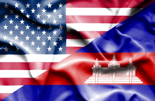 Waving flag of Cambodia and USA — Stock Photo, Image