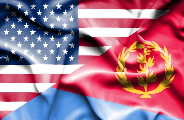 Waving flag of Eritrea and USA — Stock Photo, Image