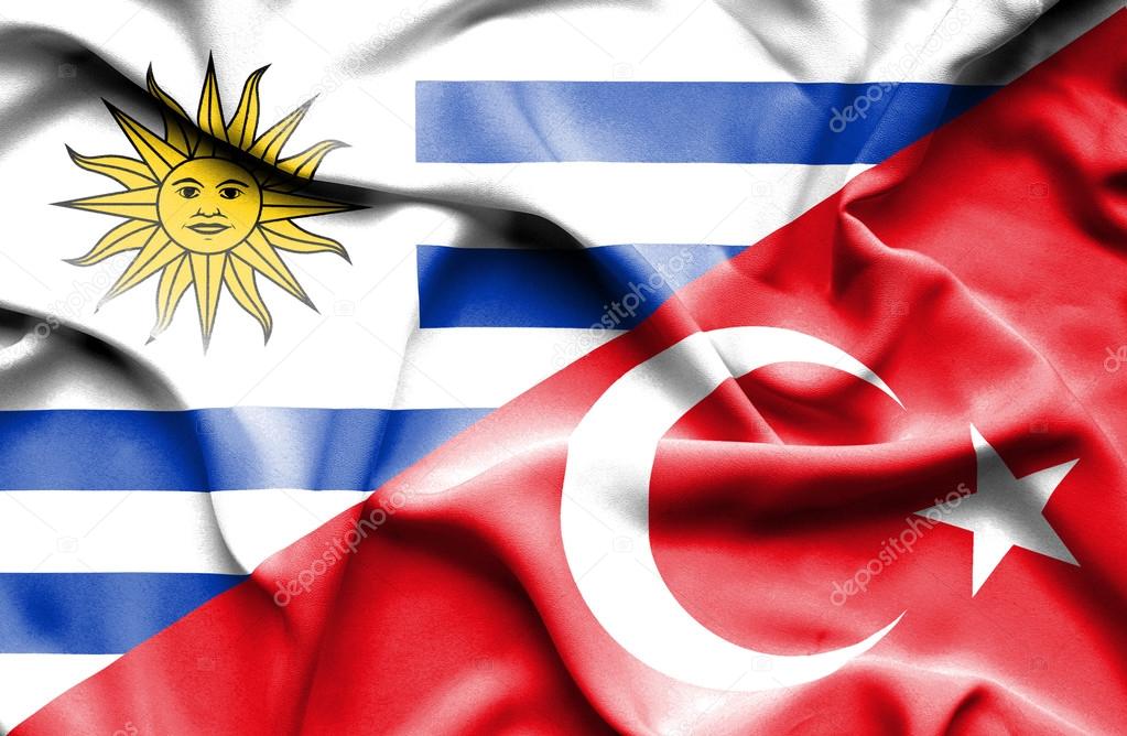 Waving flag of Turkey and Uruguay