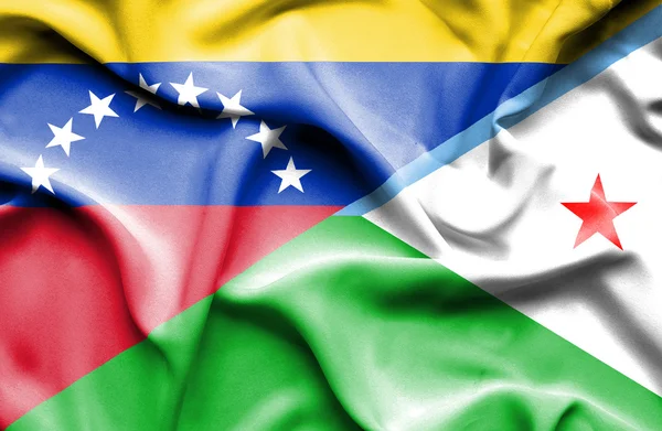Waving flag of Dijbouti and Venezuela — Stockfoto