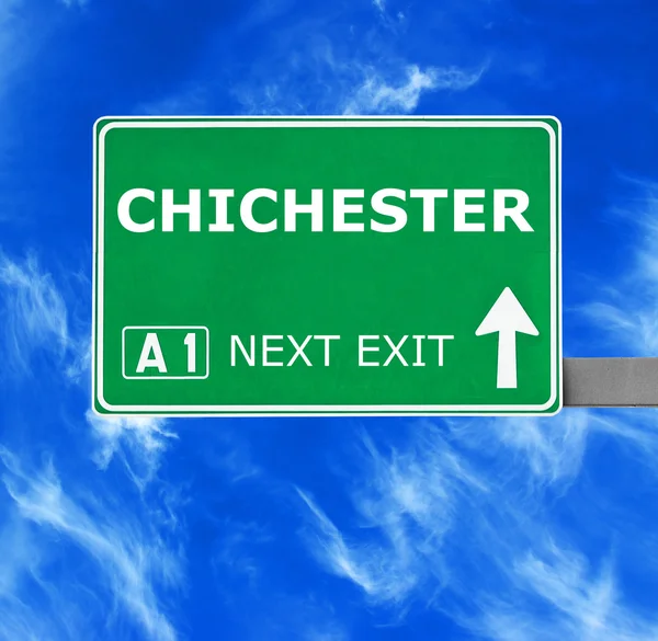 CHICHESTER road sign against clear blue sky — Stock Photo, Image