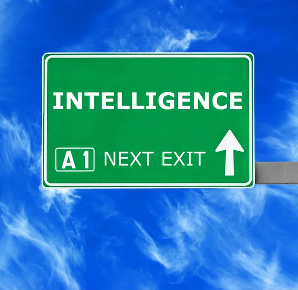 INTELLIGENCE road sign against clear blue sky — Stock Photo, Image