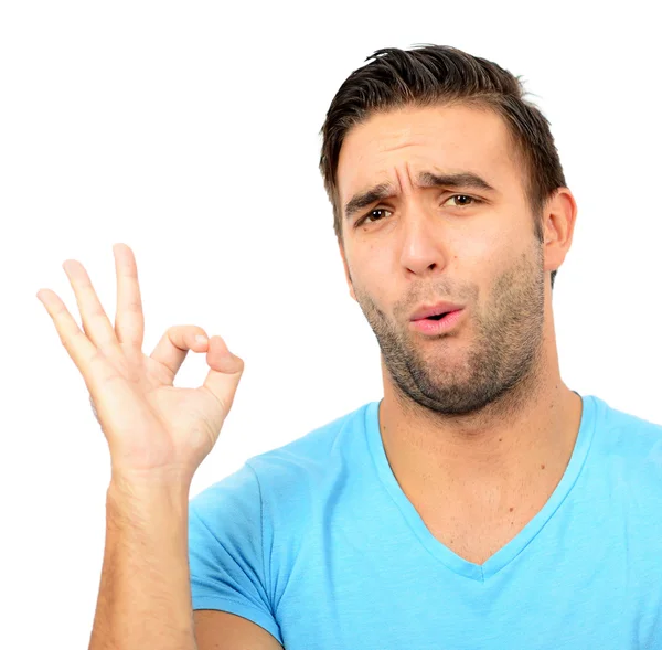 Portrait of funny man showing OK gesture with hands against whit — Stock Photo, Image