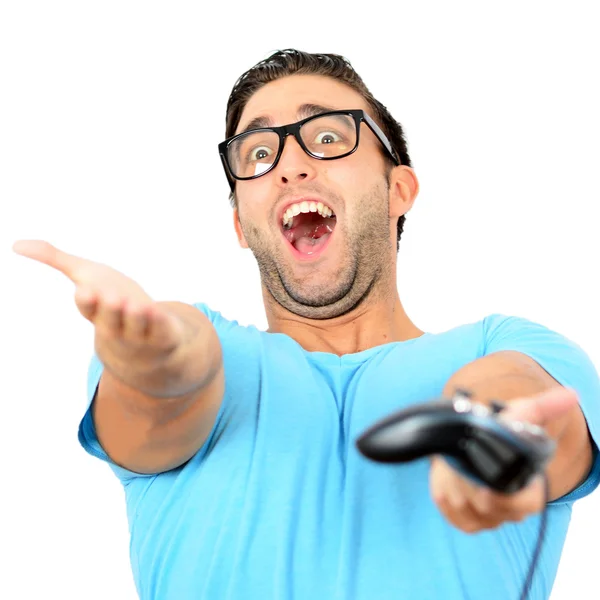 Ritratto di bell'uomo che tiene il joystick per i videogiochi — Foto Stock
