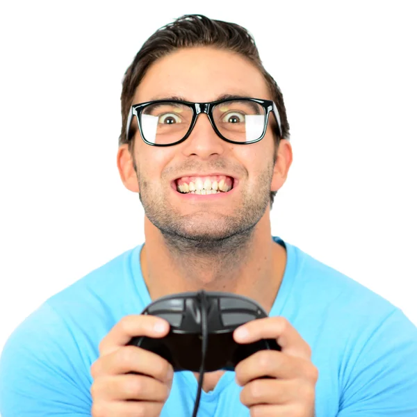 Portret van knappe man houden joystick voor videospelletjes agains — Stockfoto