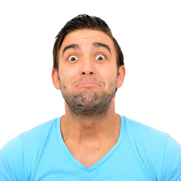 Portrait of man with funny face against white background — Stock Photo, Image